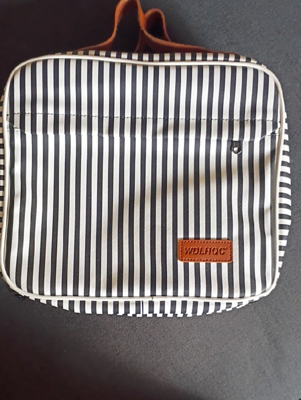 Striped Black & White Men’s Toiletry Bag with Brown Leather Patch